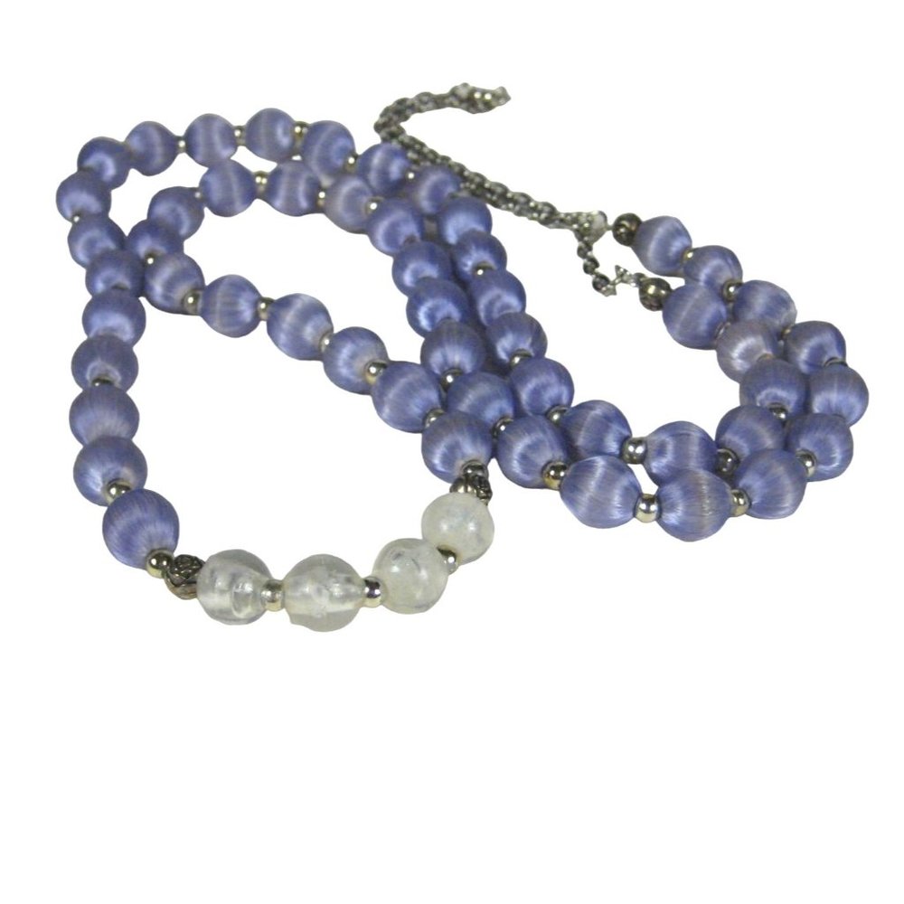 UPCYCLED Silk Thread Purple Satin Beaded Necklace 40 inch Silvertone Strand
